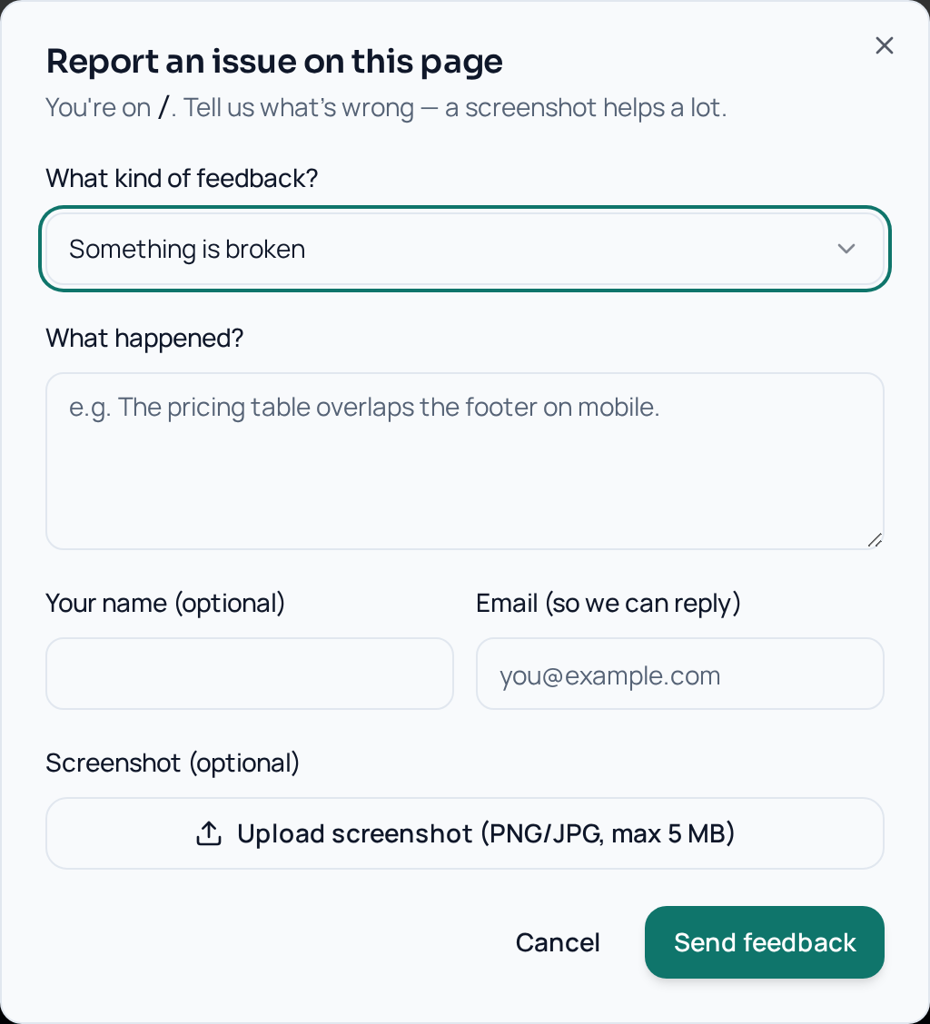 The Cheaploy feedback dialog with category, description, name, email and screenshot upload fields